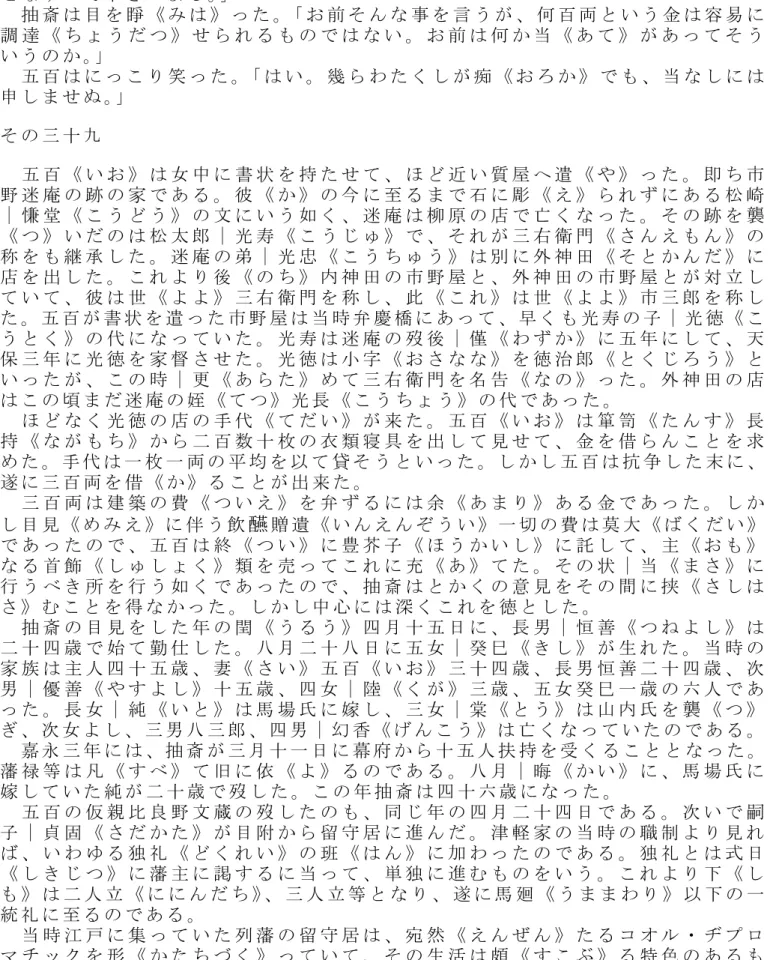 図 を 危 《 あ や ぶ 》 み つ つ 見 て い た が 、 こ の 時 夫 に 向 っ て い っ た 。 「 わ た く し が こ う 申 す と 、ひ ど く 出 過 ぎ た 口 を き く よ う で は ご ざ い ま す が 、御《 ご 》 一 代 に 幾 度 《 い く た び 》 と い う お め で た い 事 の あ る 中 で 、 金 銭 の 事 位 で 御 心 配 な さ る の を 、 黙 っ て 見 て い る こ と は 出 来 ま せ ぬ 。 ど う ぞ 費 用 の
