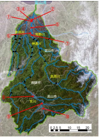 図 7-1  河川利用状況位置図  ①アユ釣り  ②コスモス散策（神通川左岸広場）  ③花火大会（神通川緑地公園）  ④健康ウォーク（神通川緑地公園） 神通川 宮川高原川井田川熊野川富山湾高山市飛騨市富山市南砺市 