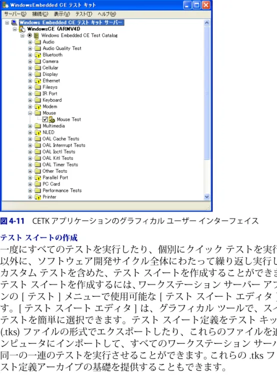 図 4-11 CETK アプリケーションのグラフィカル ユーザー インターフェイス テスト スイートの作成 一度にすべてのテストを実行したり、個別にクイック テストを実行したりする 以外に、ソフトウェア開発サイクル全体にわたって繰り返し実行したい一連の カスタム テストを含めた、テスト スイートを作成することができます。新規の テスト スイートを作成するには、ワークステーション サーバー アプリケーショ ンの [ テスト ] メニューで使用可能な [ テスト スイート エディタ ] を使用しま す。[ テス