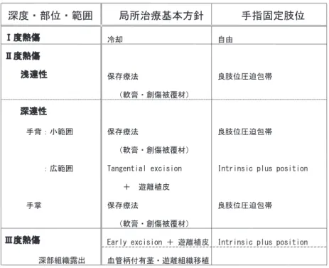 表 2　手新鮮熱傷の治療方針