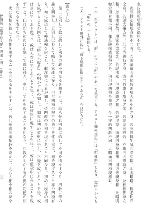 表 四 教 所 明 ( ) 佛 功 德 相 不 同 也 ︒次明轉法輪現身相不同者︒ 若 說 華 嚴 圓 滿 頓 教 則 現 大 相 小 相 之 身 ︒ 若 鹿 野 轉 生 滅 四 諦 法 輪 ︒ 即 脫 瓔 珞 ︒ 現 老 比 丘之身︒若說大乘方等︒即門內尊特之身︒或門外塵土娃身之像︒若說摩訶般若︒亦現門內尊特之身︒及種種佛身之相︒以衆生疑故︒現常身放常光︒若說法華︒但現尊勝之相︒若說涅槃︒備現四種身相事︒同方等現身相︒此略明轉()示現身相不同︒如是隨緣感種種之身︒何但現四種身相也︒今一往約四教不同︒大略而