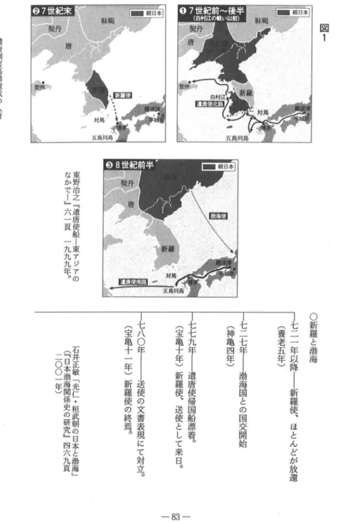 図 1 東 野 治 之 ﹃ 遣 唐 使 船 - 東 ア ジ ァ のなかで-﹄六一頁一九九九年。 ○ 新 羅 と 渤 海・七二一年 以 降 ー 新 羅 使 、 ほ と ん ど が 放 還(養老五年) 七二七年-1渤海国との国交開始(神亀四年) 七七九年-遣唐使帰国船漂着。(宝亀十年) 新羅使、送使として来日。・七八○年-送使の文書表現にて対立。(宝亀十一年) 新羅使の終焉。石井正敏﹁光仁・桓武朝の日本と渤海﹂(﹃日本渤海関係史の研究﹄四六九頁二〇〇一年) 遣唐判官高階遠成の入唐