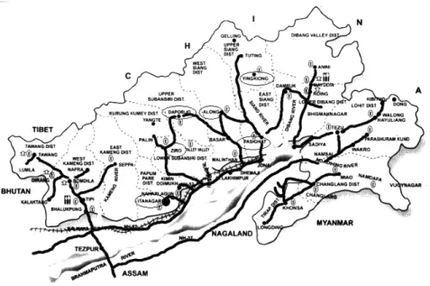 図 2　アルナーチャル・プラデーシュの民族分布（George van Driem. 2001.P.474.Map1 を一部改編）図 1　アルナーチャル・プラデーシュ州略図