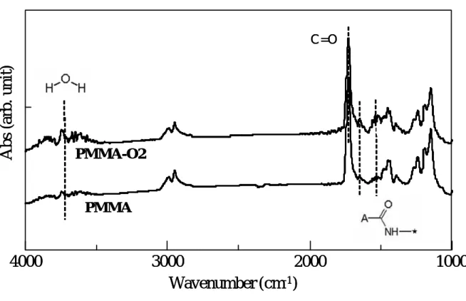 Figure 4   FT-IR spectra of the PMMA and PMMA-O2 specimens. 