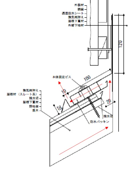 図 4.1.13  下屋（雨押え部）積層通気材タイプの納まり例 