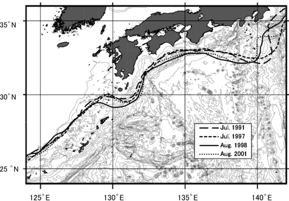 Fig. 14  Typical Kuroshio axis pattern during the Beryx splendens spawning season （July and  August） in a year with a strong year class occurred.