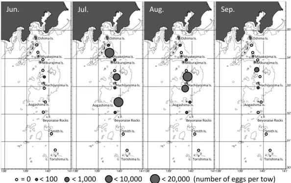 Fig. 9  Distribution of Beryx splendens eggs collected by horizontal tow of a ring net with a  mouth area of 1.3m ２  and mesh size of 0.53 mm near the Izu Islands from June to September  2007 by Tokyo Metro