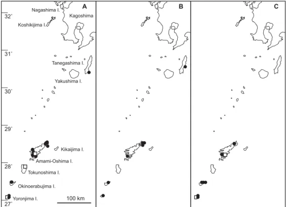 Fig. 3. Distribution of three Halodule species (A, H. uninervis; B, H. tridentata; C, H