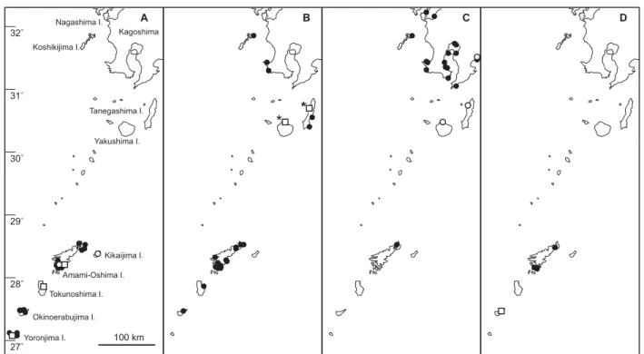 Fig. 5. Distribution of four Halophila species (A, H. ovalis;  B, H. major; C, H. nipponica; D, H