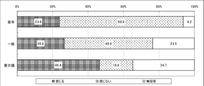 図表 22 家事の負担感[掃除]  23.9 26.6 46.4 69.949.918.8 23.534.7 6.20%20%40%60%80% 100%若年一般 要介護 感じる 感じない 無回答 図表 23 家事の負担感[日常の買い物]  20.5 27.3 46.4 73.249.818.7 22.934.9 6.30%20%40%60%80% 100%若年一般 要介護 感じる 感じない 無回答