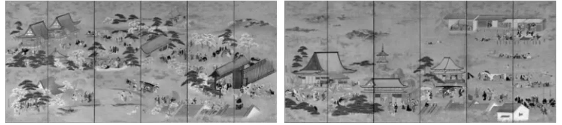 図 3 菱川師宣「上野花見・隅田川舟遊図屏風」（フリーア美術館蔵，17 世紀後半） 図 5 タルデュー「君と一緒に 座っている」（フランス 国立図書館蔵，1726 年） 図 6 ヴァトー「ジェルサンの看板」（シャルロッテンブルク城蔵，1720年）図4田村水「花見・舟遊図巻」部分（岡田美術館蔵，18世紀）