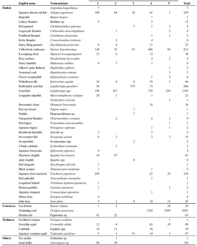 Table 3  Catch numbers of species captured in bottom trawl made by the Training Ship Kagoshima-maru  on the continental shelf of the East China Sea during 2015 academic year (April, 2015 – March, 2016).