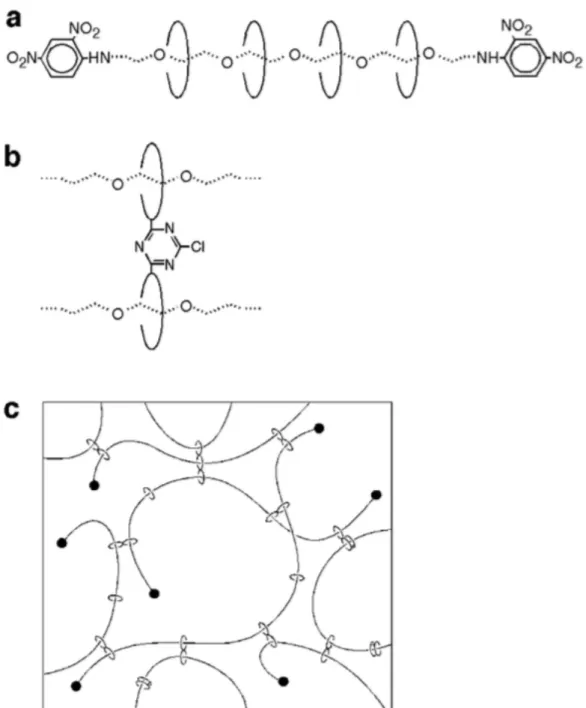 Figure 1-10 a ）ポリエチレングリコールとα - シクロデキストリンからなるポリロタキサ ン 54 。b）８の字架橋の図：共有結合的に架橋されたシクロデキストリン。c）共有結合 的に架橋されたシクロデキストリンによってわずかなポリロタキサンから合成された ポリロタキサンゲルの模式図。塩化シアヌルでシクロデキストリン環が３つやそれ以上 架橋されたポリロタキサンも合成できる。   