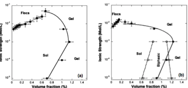 Figure 7. Phase diagram of nontronite with the average lateral size of (a) 2200 nm and (b) 250  nm