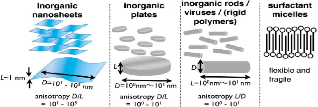 Figure  1.  Comparison  of  lyotropic  liquid  crystals  based  on  nanosheets,  plates,  rods,  and  surfactants