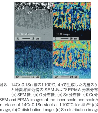 図 7 は， Sn 添加ステンレス鋼での表面赤熱脆性の抑制 機構を過去の研究成果  14) から着想した模式図である。模式 図は，熱間圧延プロセスの加熱時に生成する酸化層と地鉄 界面の関係を示している。熱間圧延プロセスでは，熱間圧 延に先立ち鋼材（スラブ）を 1 100 ～ 1 200 ℃で長時間加熱す る。その際，α 系ステンレス鋼は，元々の地鉄界面を境界 として Fe の外方拡散による外層スケール（ Fe 3 O 4 ）に加えて O の内方拡散に伴う内層スケール（ FeCr 2 O 4 ）を形成する。 