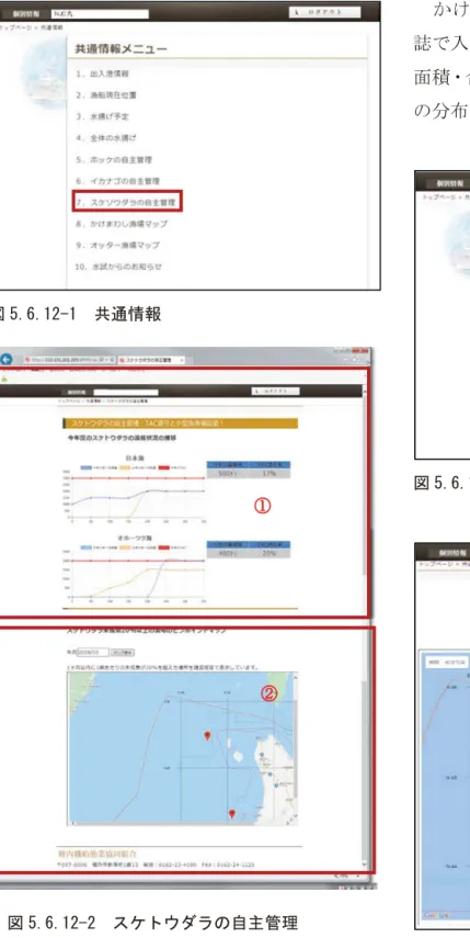 図 5.6.12-1  共通情報  図 5.6.12-2  スケトウダラの自主管理 5.6.13 かけまわし漁場マップ  図 5.6.13-1 の画面の 8.かけまわし漁場マッ プを押下すると図 5.6.13-2の画面に遷移します。    かけまわし漁場マップではデジタル操業日誌で入力された内容をもとに日付、選択（曳網面積・合計漁獲量・平均金額）、魚種分類単位での分布図が表示されます。図 5.6.13-1  共通情報 図 5.6.13-2  かけまわし漁場マップ 5.6.14 オッター漁場マップ図5.6.1