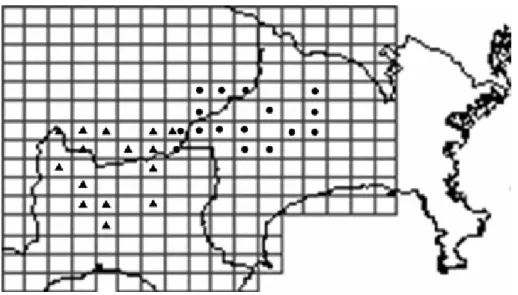 図  1. コンピュータープログラム STRUCTURE によって推測された分集団の地理的構造 ●は分集団 1 に属する個体が， ▲は分集団 2 に属する個体が 5km × 5km メッシュ内から得られたことを示す． 図  2