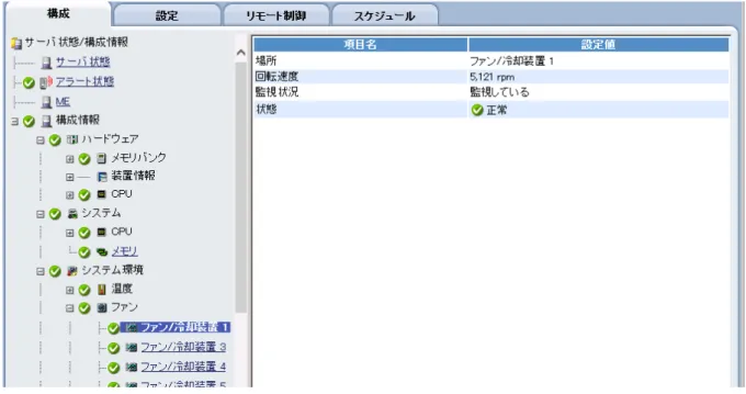 図  35 Web コンソールの[ファン]-[システムボード]  “ 参照したいファン”の[状態]項目のアイコンは、ファン監視機能で検出したファンの状態を表示します。  6.1.4.2  ファン監視の運用  ファン監視に関する障害の確認方法、設定の変更方法などの運用手順について説明します。  ファン障害の確認  ファンに関する障害が発生した場合、ESMPRO/ServerManager へアラートを通報します。アラートビュー アでファンに関連するアラートが通報されていないか確認してください。  ファン警告時