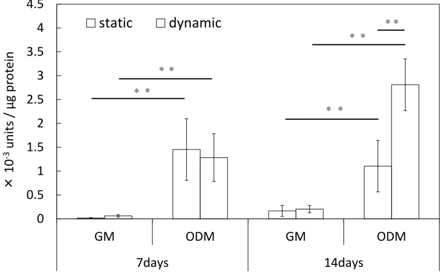 FIG.  8.  Comparison  of  ALP  activity  (units/µg  protein)  between  GM  and  ODM  under  static  and  dynamic  cultivation