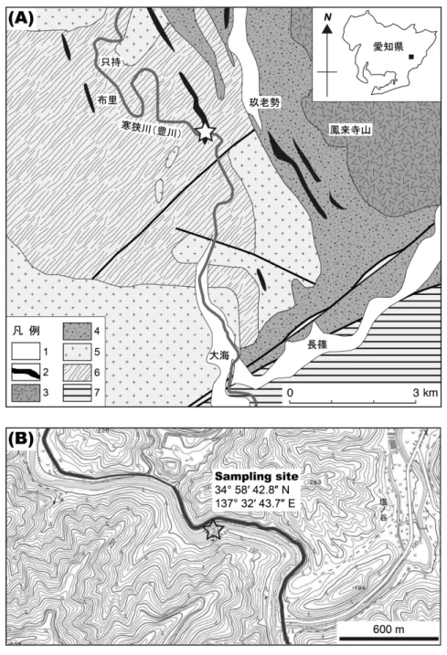 図 1   (A) 試料採取地点 ( 星印 ) 付近の地質図。産業技術総合研究所地質調査総合セ ンター (2010 編 ) をもとに作成。凡例： 1 ，第四系； 2 ，設楽岩床群の安山岩貫入岩； 3 ，設楽火成複合岩体 ( 主に噴出岩 ) ； 4 ，北設亜層群； 5 ，領家花崗岩類； 6 ，領家変成 岩類； 7 ，三波川変成岩類。 (B) 試料採取地点 ( 星印 ) の位置。電子国土 Web システ ム ( 国土地理院 ) を利用して作成。 藤巻, 2002)。設楽岩床群のほとんどの貫入岩体 は熱水変質を被
