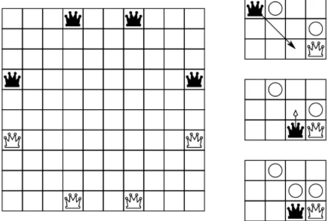 Figure 7: The initial position in Amazons (left) and an example of black trapping a white amazon (right).
