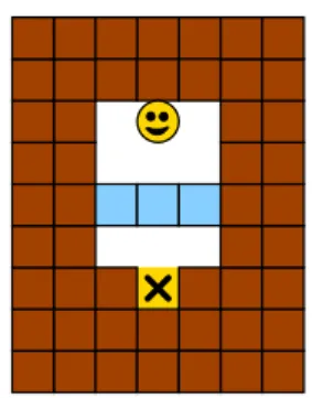 Figure 14: A Push-1 or PushPush-1 puzzle: move the robot to the X by pushing light blocks.
