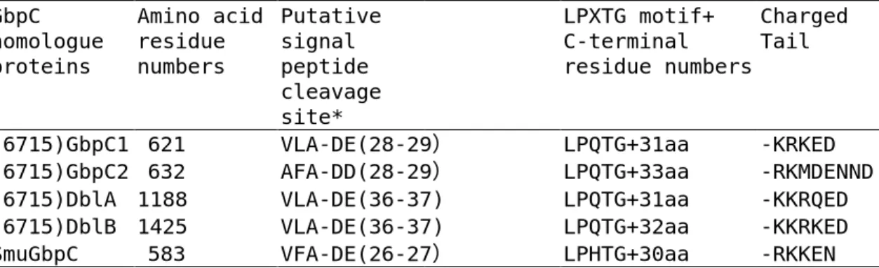 Table 2. Comparison of features for wall-anchored proteins among  the       four S. sobrinus GbpC homologue proteins with the  S