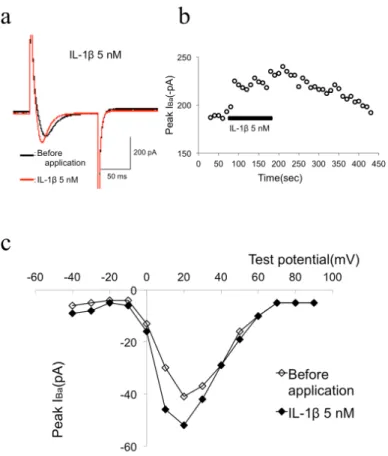 Figure 1a and b shows that, in the presence of high external Ba 2+ , 5 nM IL-1β facilitated I Ba  as shown with raw  current traces obtained at +10 mV from ―80 mV in the absence and presence of IL-1β