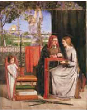 図 1  ダンテ・ゲイブリエル・ロセッティ《聖母マリアの少女 時代》1848-49 年、ロンドン、テイト・ギャラリー 図 2  ジョン・エヴァレット・ミレイ《イザベラ》1848-49 年、 リヴァプール、ウォーカー・アート・ギャラリー 図 3  ホウルマン・ハント《コロンナ家とオルシーニ家の小競り合いで殺害さ れた弟のために、正当な処断を求めるリエンツィ》1848-49 年、個人蔵