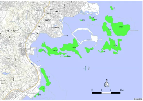 図 2-23  沖縄島周辺海域の海草藻場分布図（泡瀬・久場）  ※緑のポリゴン：藻場の範囲、合計藻場面積（241.59 ﾍｸﾀｰﾙ）  ※ポリゴンの数値は、藻場面積を示す  図 2-24  沖縄島周辺海域の海草藻場分布図（中城）  ※緑のポリゴン：藻場の範囲、合計藻場面積（31.37 ﾍｸﾀｰﾙ）  ※ポリゴンの数値は、藻場面積を示す 