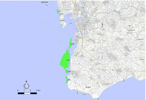 図 2-26  沖縄島周辺海域の海草藻場分布図（糸満）  ※緑のポリゴン：藻場の範囲、合計藻場面積（93.45 ﾍｸﾀｰﾙ）  ※ポリゴンの数値は、藻場面積を示す  図 2-27  沖縄島周辺海域の海草藻場分布図（玉城・知念）  ※緑のポリゴン：藻場の範囲、合計藻場面積（140.31 ﾍｸﾀｰﾙ）  ※ポリゴンの数値は、藻場面積を示す 