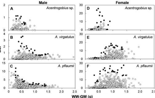 Figure 8. Relationships between body size ［wet weight minus gonad weight （WW–GW）］ and GSI of the three species for both males 