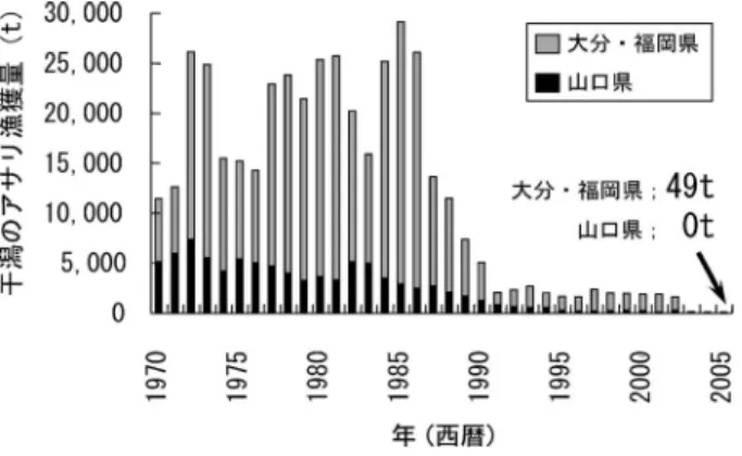 図 2 周防灘の干潟域におけるアサリ漁獲量の長期変動 農水省農林水産統計を使用。 45,023 t （ 1985 年） か ら， 2005 年に は 1 / 115 の 393 t まで激減している。特に，主力産地であった周防灘の減 少は激しく，同海域のアサリ資源は壊滅状況に陥ってい る（図 2）。同海域の 1979 年から現在（1991 年）まで の干潟喪失面積は 1.6 に過ぎず，依然として我が国で 2 番目に広い 6,861 ha もの干潟が現存する。アサリ激 減の原因は，栄養不足，乱獲，食害，温暖