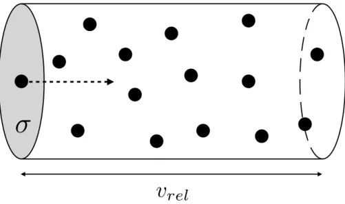 Figure 2.2: Schematic picture of the annihilation rate of X particles (black dots). The leftmost X particle moves to the right with a velocity v rel in the frame where the others are at rest