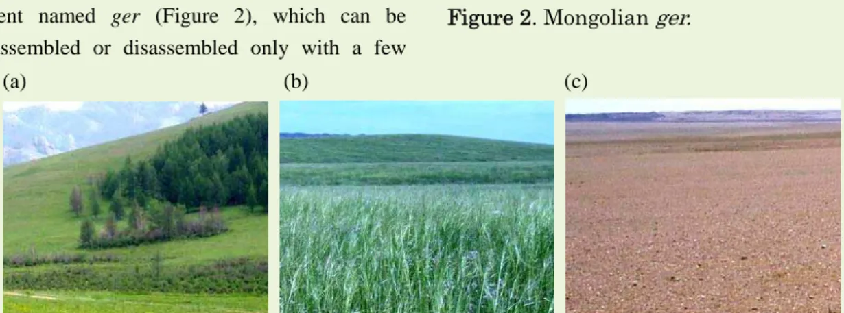 Figure 1. Various ecosystem types in Mongolia. (a) Forest steppe, (b) typical steppe and (c)  semi-desert steppe