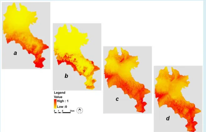 Figure 2. Maps for predicting deforestation in Poap Mountain Park, Myanmar. a: logistic regression    (1989-2000); b: multinomial regression (1989-2000); c: logistic regression (2000-2005); d:      multinomial regression (2000-2005)
