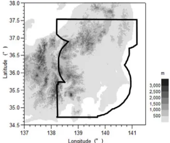 Fig. 1  The area covered with XRAIN Kanto (solid line).  Shadings indicate topographic elevations.