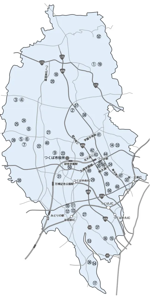 図表 23　スポーツ関連施設及び公園 東 大 通 り西大通り学園平塚線南大通り土浦学園線 谷田部IC つくば牛久ICつくばJC 桜・土浦ICつくば真岡線つくば駅つくば駅研究学園駅研究学園駅万博記念公園駅万博記念公園駅みどりの駅みどりの駅125125354北大通りつくば市役所つくば中央IC125① ⑲②③ ④⑤ ⑥⑦⑧⑨⑩ ⑪⑫ ⑬⑭ ⑮ ⑯ ⑰⑱⑳㉔㉕㉑㉒㉚㉓㉘㉛㉙ ㉟ ㉞㉖㉗㊲㊱ ㉝㊳ ㉜㊿㊴㊵㊶㊷㊸ ㊹㊺㊻㊼㊽㊾