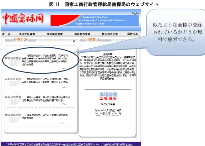 図 11：国家工商行政管理総局商標局のウェブサイト  ②  北京にある商標局の営業ホールに行って、商標局に委託して検索して確認する。この場合 は  商標局に検索委託料を支払わなければならない。検索委託料は、中文検索 60 元、 英文検索  100 元、図形検索 120 元である。  ③  知的産権代理機構に委託して確認する。多くの知的産権代理機構は初段階の商標検索業務 を  無料にしている。  一つの商標は正式申請から商標登録証取得まで、大体 2 年かかり、初段階の商標検索が不十分 であると、登録申請が途中