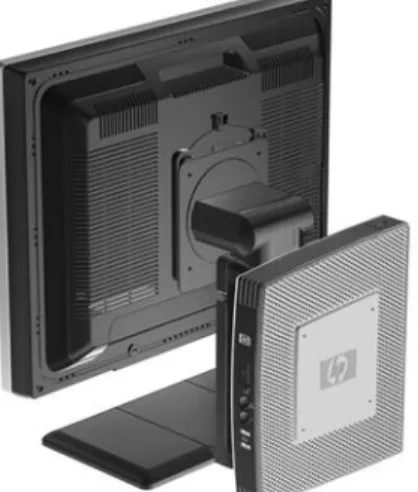 図  C-6   モニター スタンドの背面に取り付けられた Thin Client ● Thin Client は壁に取り付けることができます。 図 C-7  壁に取り付けられた Thin Client ● Thin Client は、机の下に取り付けることができます。 図 C-8  机の下に取り付けられた Thin Client JAWW HP クイック リリース 27
