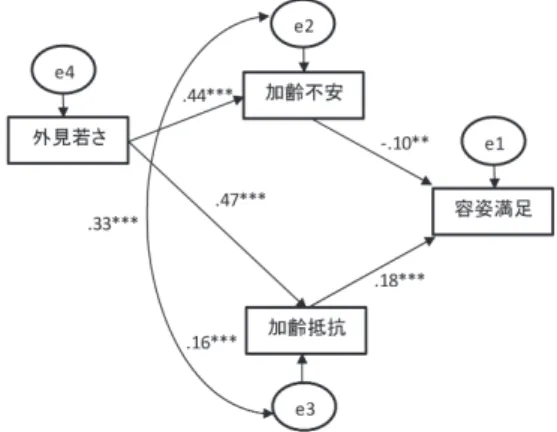 図 5  容姿満足への若さ志向性の影響（BMI，年齢を統制済み） ③関心のある活動との関連  関心のある活動を尋ねた27項目について上記と同様の因子分析を行った ところ， 7 つの関心領域を見出すことができた。すなわち，「友人との会 食」「国内旅行」「ときめき」などの“対人関係”， 「ごみの分別」「節水」「地 球環境」などの“エコ”， 「争いの無い生活」 「プライベートな生活」などの“ス ローライフ”， 「美術館」「映画，観劇」「陶芸などの教室」など“文化・教養”， 「地域活動，ボランティア」「社会，地域の