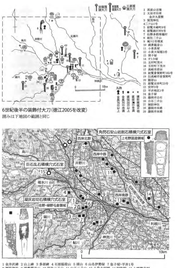 図 15　西毛における後期後半の上位墳の横穴式石室型式 （下） と装飾付大刀 （上）
