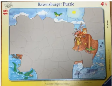 Figure 3-1  3 歳女児の二つ目のパズルの終了時点の結果 三つ目のパズルのサイズが大きすぎて，動きが多くなってしまったため，コー ディングは実施しなかった。 3.2.5  2 歳女児  3.2.5.1 手続き・結果  実施した場所は対象児の家のリビングであった。  3 歳女児の時と同じようにパズル課題の説明をし，一つ目のパズル（ 15 ピー ス）から始めた。  一つ目のパズルに取り組んだ時，8 分位でパズルをやめ，母親の所に行き，自 分で完成することができなかった。そのため，二つ目のパズルに取り組