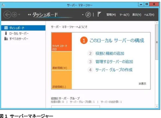図 1  サーバーマネージャー  [  開始する前に  ]  画面が表示された場合、[  次へ  ]  をクリックします。  [  インストールの種類  ]  画面で[  役割ベースまたは機能ベースのインストール  ]  を選択し、 [  次へ  ]  をクリックします。  [  サーバーの選択  ]  画面で[  サーバー  プールからサーバーを選択  ]  を選択し、一覧から対 象サーバを選択して[  次へ  ]  をクリックします。 