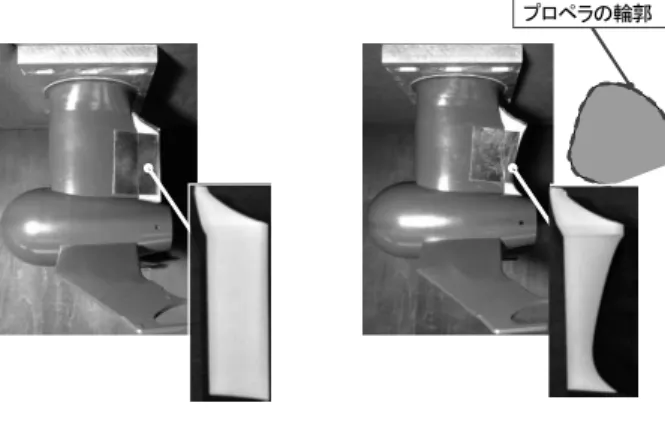 図 11  左：フェアリング A  右：フェアリング B  b)   試験結果  ボラード状態ではフェアリングの効果は見られず 9knt 状態においてはキャビテーションが発生しなか った．図 12 に 13knt 状態のキャビテーション観察結 果を示す．フェアリング B の方は，キャビテーション のボリューム及び不安定な崩壊の度合いが小さいこと が確認された． 図 12  13knt 状態  左：フェアリング無，中央：フェアリン グ A，右：フェアリング B  図 13 に 13knt 状態の水中音レベルを