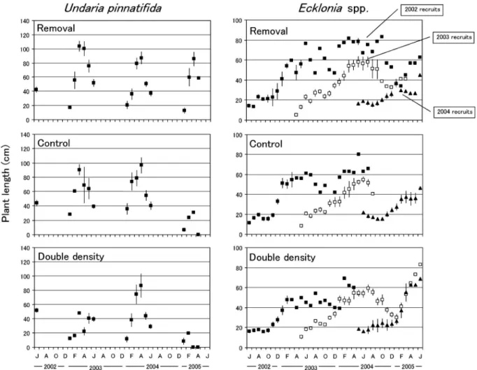 Fig. 8 Seasonal changes in the body length (average±1 SD) of Undaria pinnatiˆda and Ecklonia spp