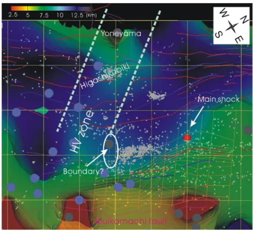 Fig.  5.  Overview  of  hypocenter  distribution  from  upper  direction  of  60  that  means  the  main  shock dip angle