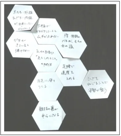 図 8.  足の構えによる鞭の起動の準備を示す hex 群。  図 9 に示す最後の hex 群は、第 1 著者が足の構えを変えて課題(1)を演奏したときの様子を 観察した実験参加者による発言のメモである。興味深いのは、足の構えの変化が姿勢を良く し、それが観察者に容易に判断できた点である。 「カッコよく見えるのは姿勢が良い証拠」 、 「服のしわが良い動きを担保している」などの hex メモが、そのことを示している。それと 同時に、 「発音がはっきりしている」 、 「表情が出しやすい音になった」などの、音自