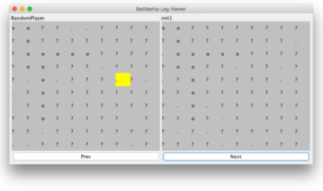 図 5 ログ可視化ツールの実行例 1 つ目については第 4.1 節で述べた。残る 2 つは通常、通信に起因するエラーを考慮する条件である が、学生のプログラムの異常動作を検出する効果もある。 2 つ目は学生のプログラムが異常終了した場 合を、 3 つ目は学生のプログラム内で無限ループが発生した場合をカバーすることができる。タイムア ウトの時間は、同一ホストでの実行であれば 1 秒程度で十分だが、学生同士がネットワーク越しに対戦 する場合を考慮して、より長く 5 秒と設定している。 対戦中のゲーム進行を詳細に